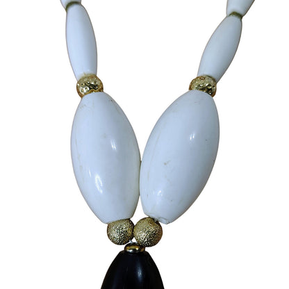 60s Lariat Tie Necklace Black White Oblong Beads Gold Tone Spacers Chain [Vintage]