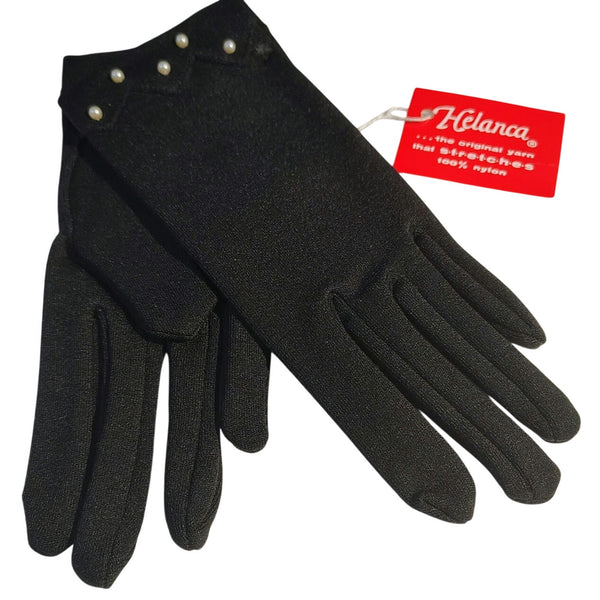 Black Mini Cream Pearl Nylon Evening Gloves New With Tag Mint Vintage Helena