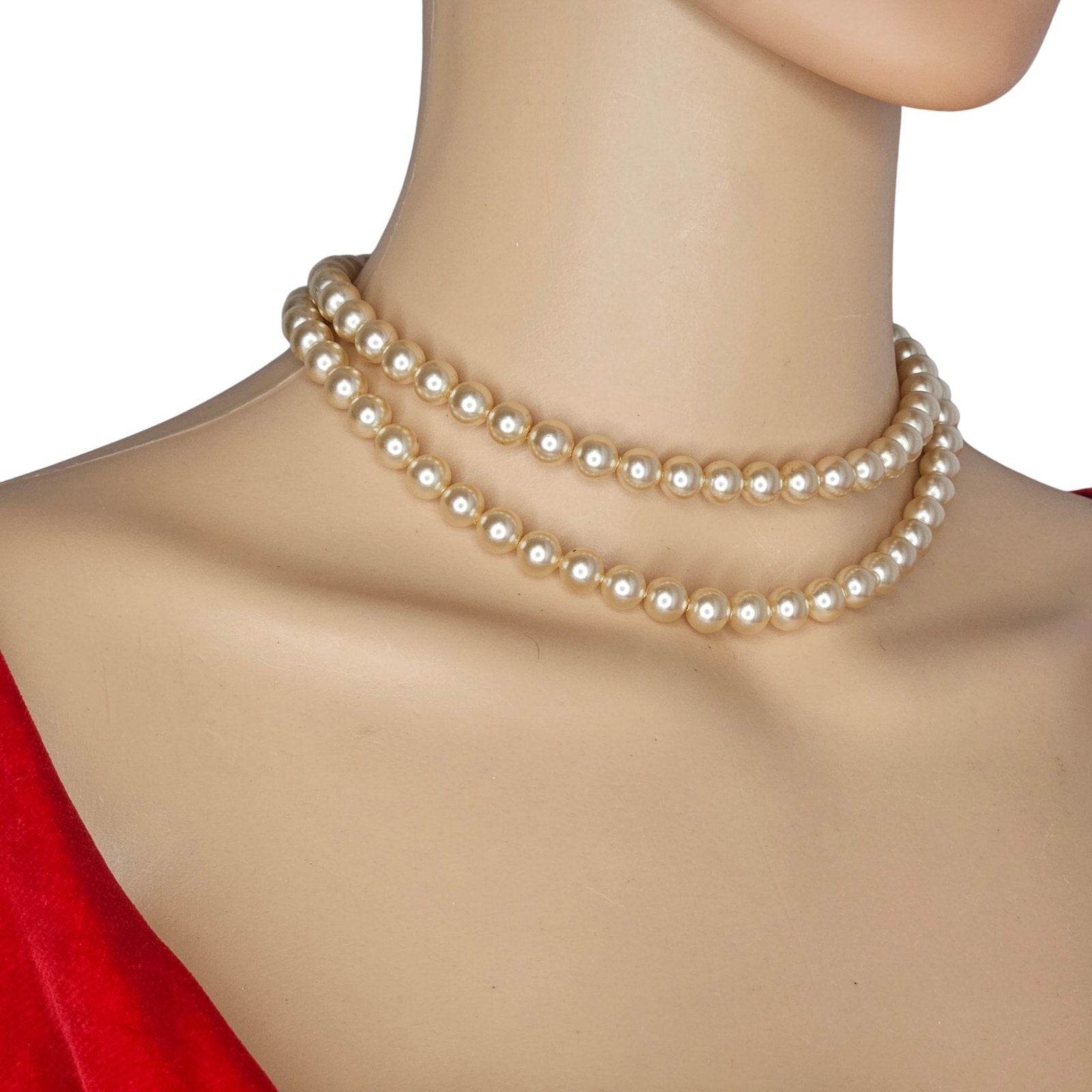 1950s Champagne Color Double Strand Faux Pearl Choker Necklace Gemstone Closure [Vintage]