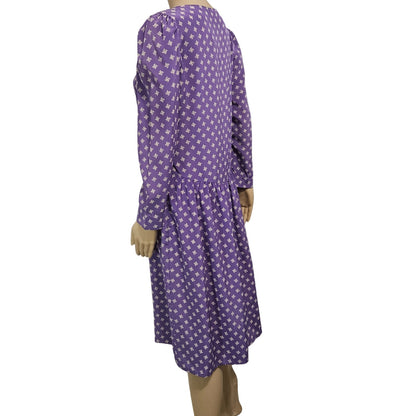 1980s 1990s Purple Puffy Long Sleeve Midi Drop Waist Dress Size 7/8 Petite [Vintage]