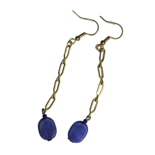 Blue Long Dangling Reclaimed Blue Stones Gold Tone Earrings [HAND CRAFTED]