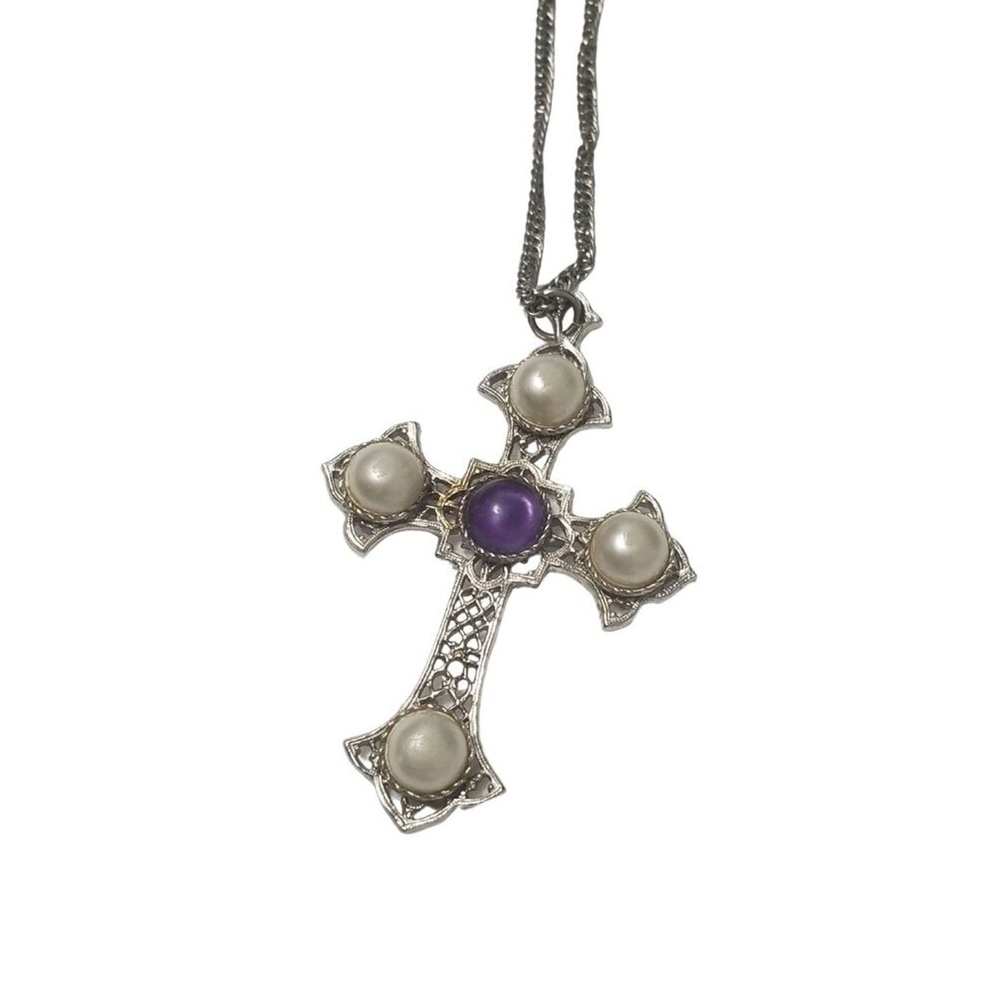 70s Vintage Sarah Coventry Silver Cross Pendant Necklace Amethyst Faux Pearls