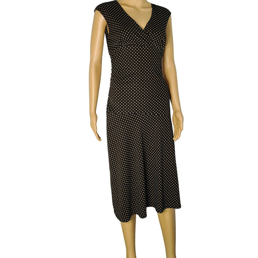 Black with Brown Polka Dots Bodycon Ruched Fit Flare Short Sleeve Dress Size S