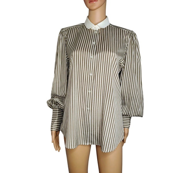 1980s Striped Liz Claiborne Cream Taupe Button Up Collar Shirt Puffy Sleeve Size 12 [Vintage]