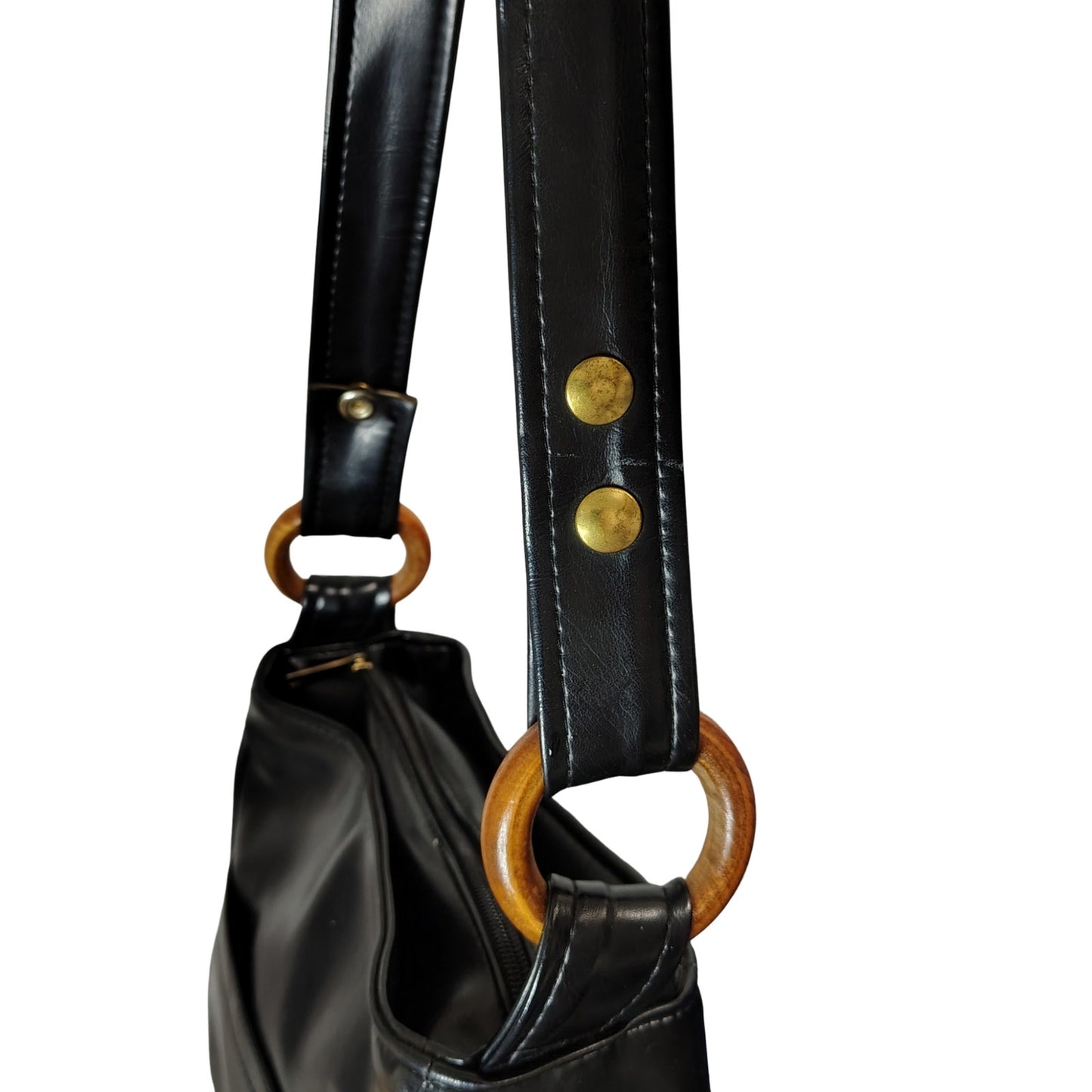 1970s Black Vinyl Convertible Shoulder Handbag Top Handle Purse  Wood Loops