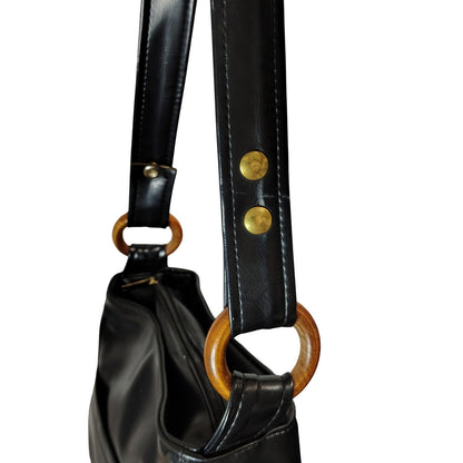1970s Black Vinyl Convertible Shoulder Handbag Top Handle Purse  Wood Loops