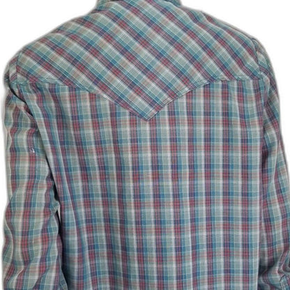 Metallic Shimmer Blue Vintage Western Cowboy Cowgirl Plaid Button Up Shirt Med