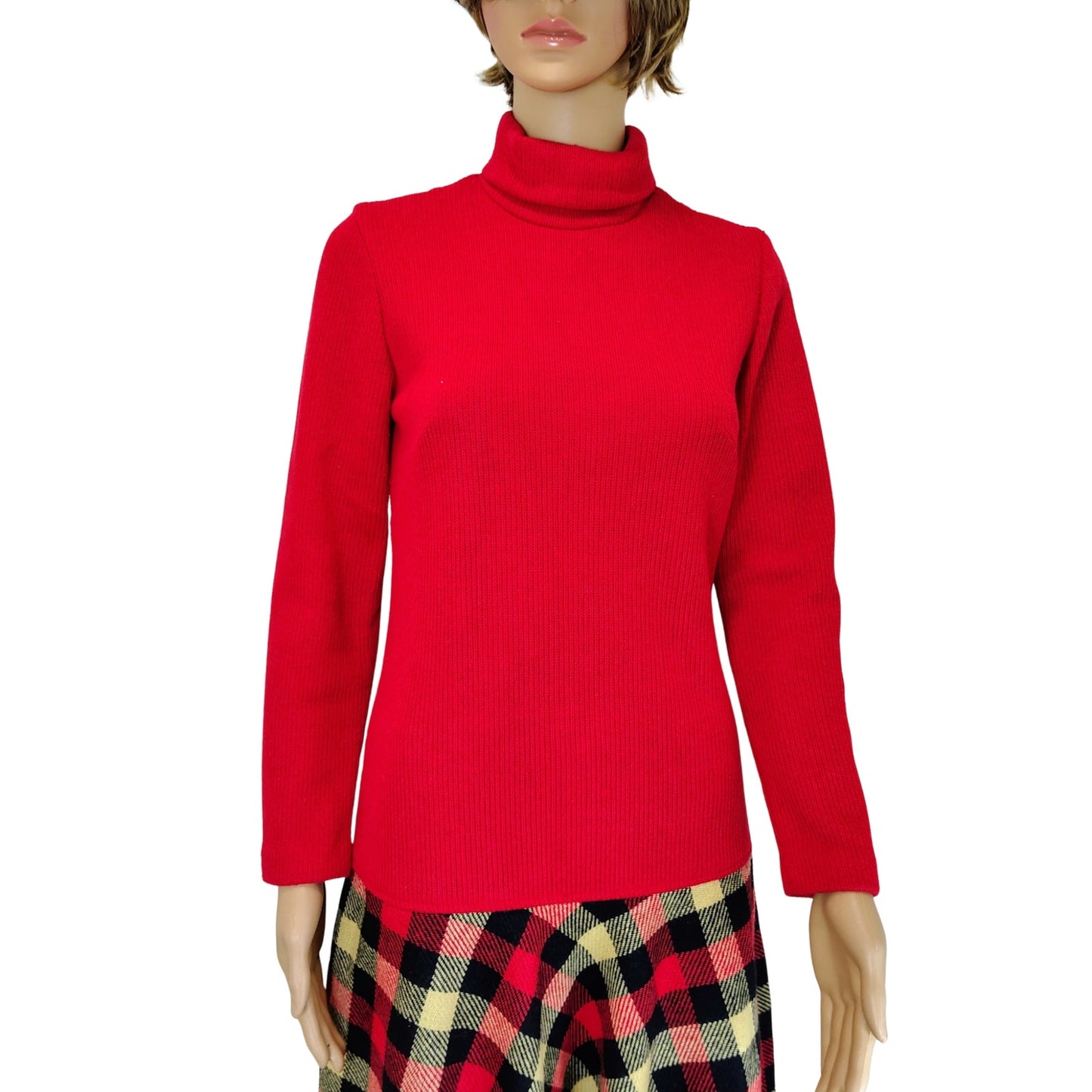 1960s Mod Wool Blend Drop Waist Plaid Skirt Dress Belted Long Sleeve Size 8 Regular [Vintage]