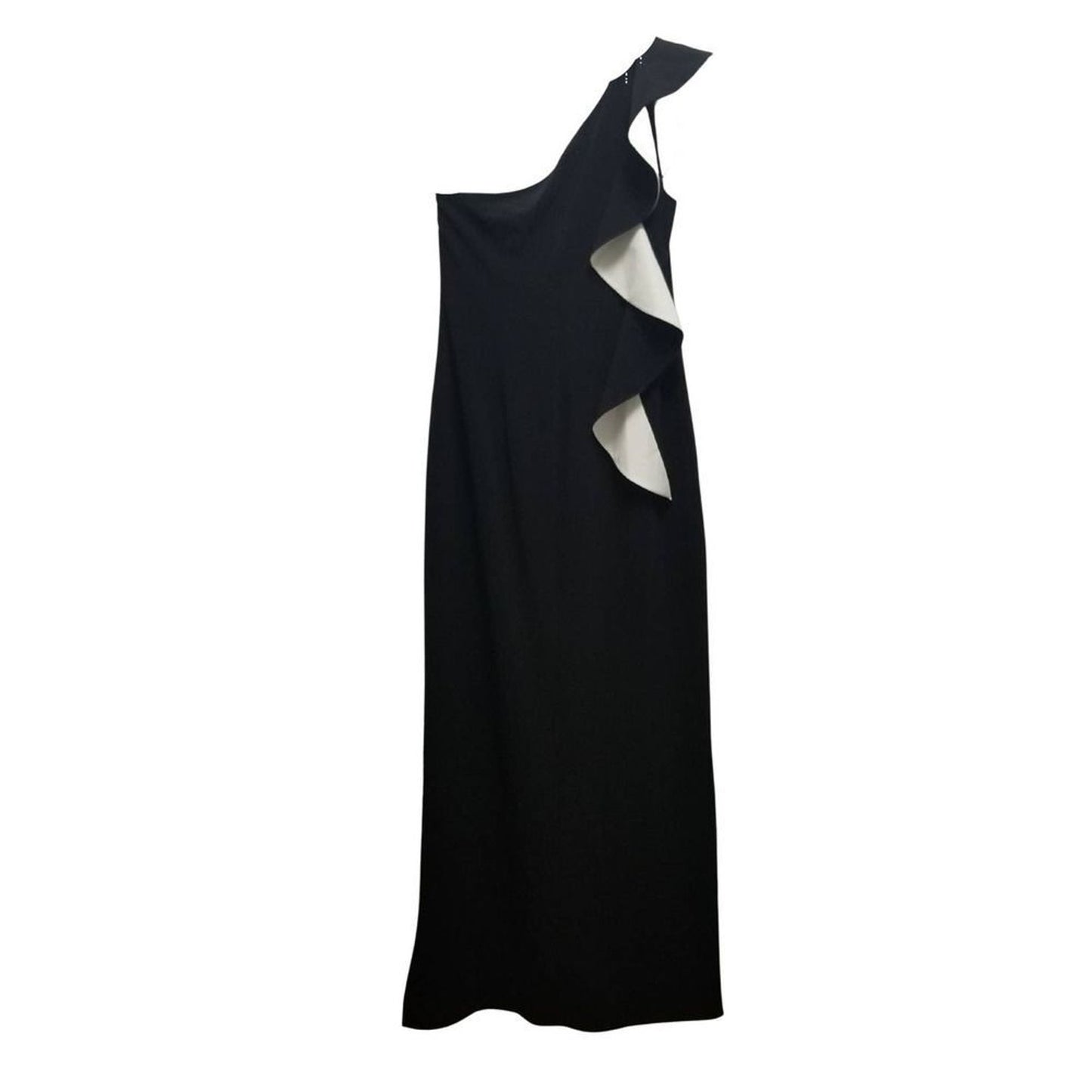 Black Prom Maxi One Sleeve Ruffle Sash High Split Formal Dress Sz Large HALSTON