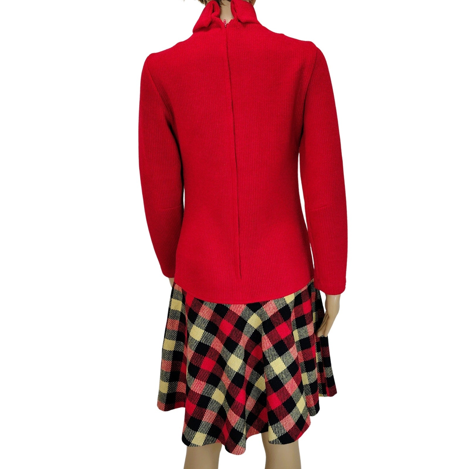 1960s Mod Wool Blend Drop Waist Plaid Skirt Dress Belted Long Sleeve Size 8 Regular [Vintage]