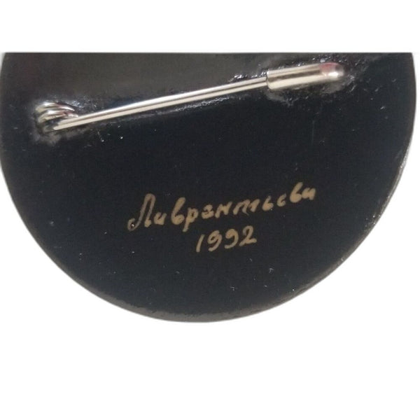 Eastern European Black Lacquer Floral Hand Painted Round Brooch