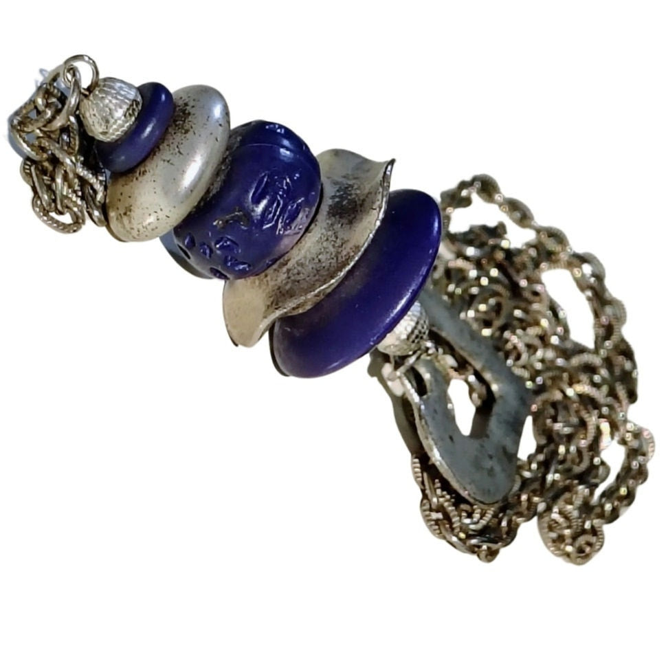 1980s Purple Stacked Beads Silver Tone Heart Long Chain Link Statement Necklace [Vintage]