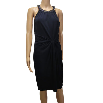 Halter Brown Leather Collar Black Bodycon Midi Dress Ruched Michael Kors  SZ M