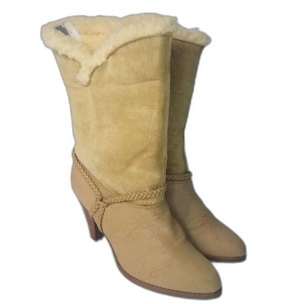 70s Vintage Kookie Sherpa Lined Beige Suede Vegan Faux Leather Boots Size 6.5