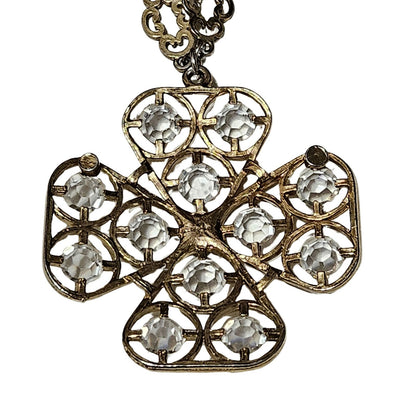 70s Cross Pendant Faceted Stone Metal Framework Ornate Interconnected Chain link