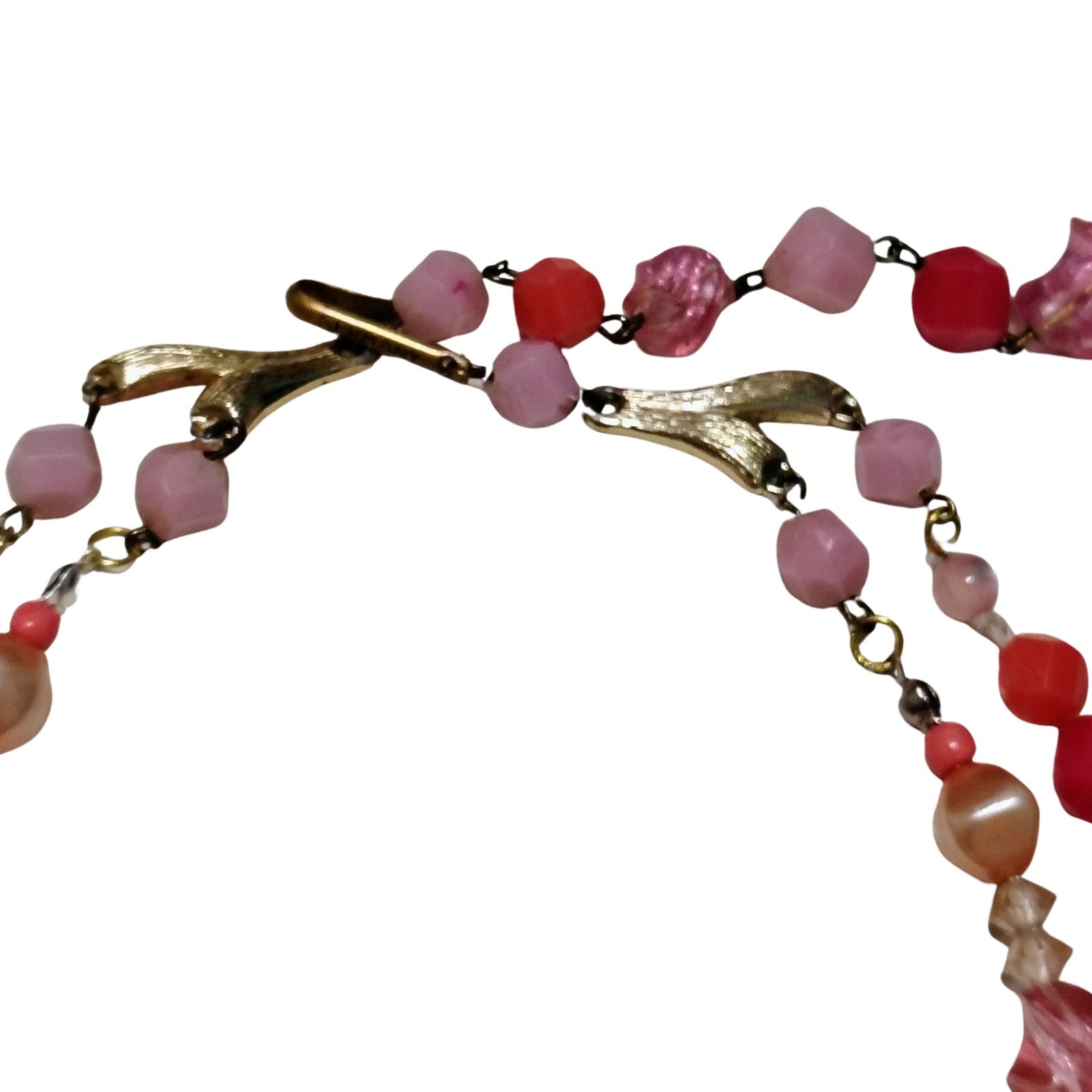1950s Pink Translucent Plastic Double Layered Gold Tone Statement Necklace [Vintage]