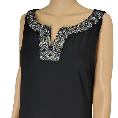 Black  Metallic Embellished VNeck Flapper Inspired Pleat Hem Drop Waist Dress