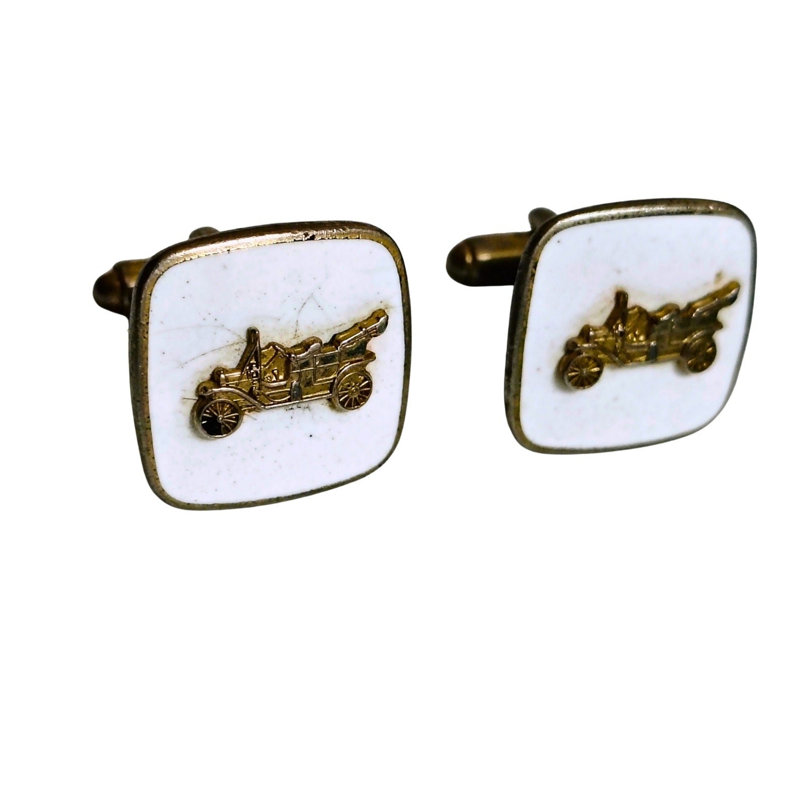 1950s White Enamel Cufflinks with Gold Metal Roadster Gently Used Set of Two