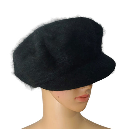 1990s Black Page Boy Cap Liz Claiborne Wool Rabbit Fur Blend Hat Small [Vintage]