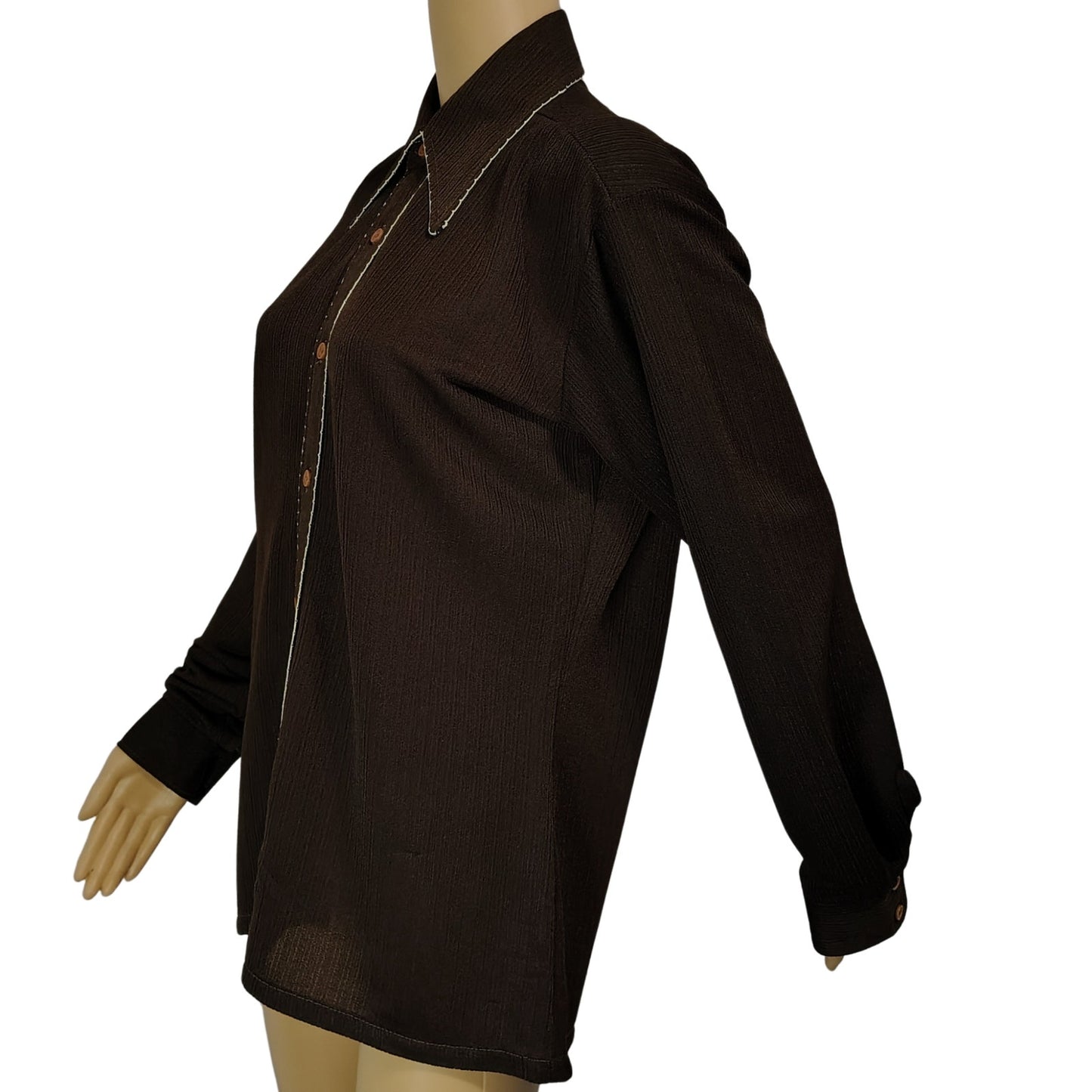1970s Brown White Embroidered Wingtip Disco Collar Button Up Shirt Size 15 [Vintage]