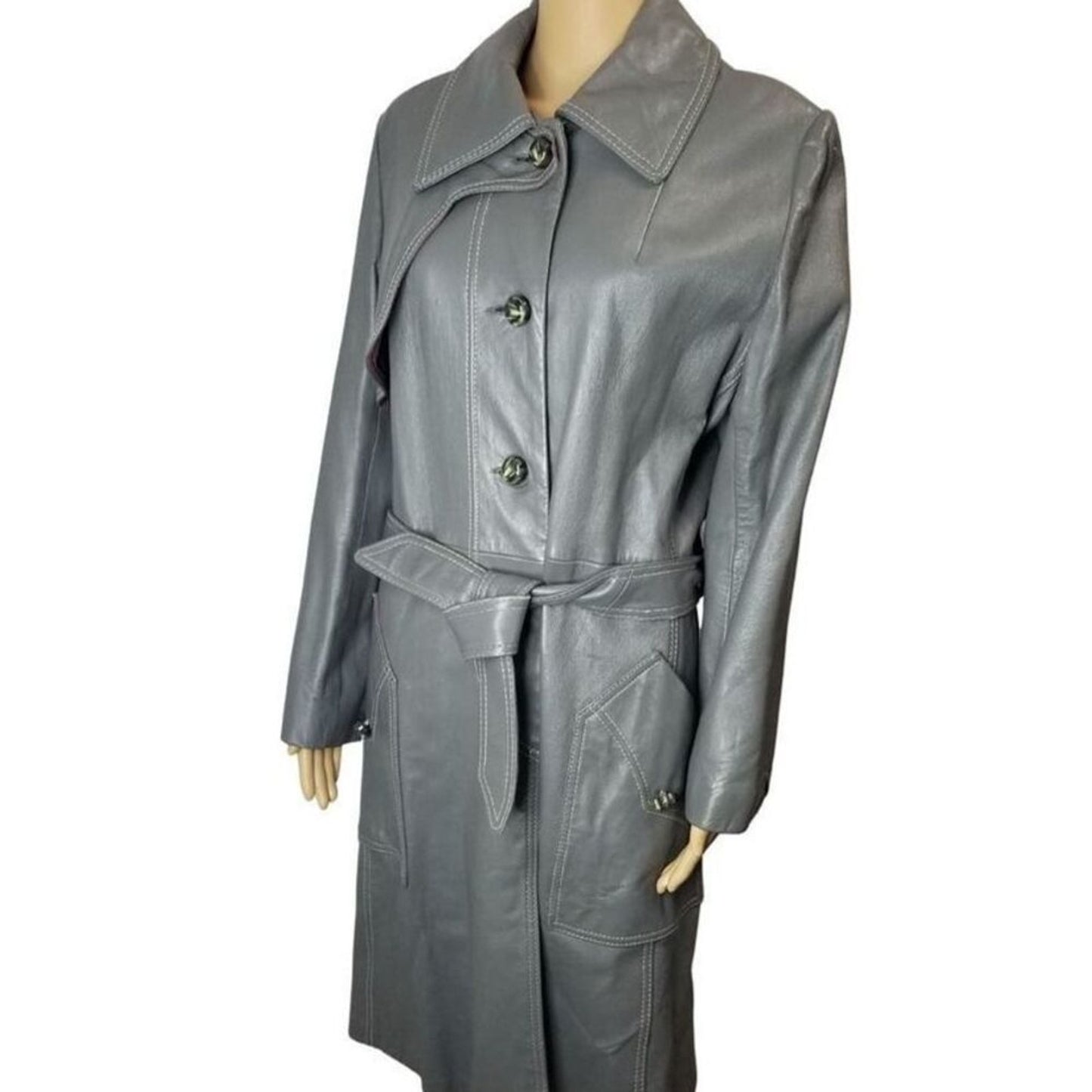 1970s Gray Belted Long Leather Trench Coat Collar Big Pockets Size Med Vintage