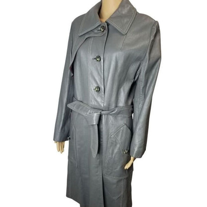 1970s Gray Belted Long Leather Trench Coat Collar Big Pockets Size Med Vintage