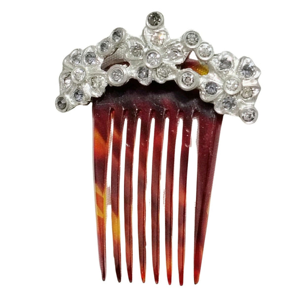 1920s Tortoise Shell Celluloid Metal Gemstone Flower Adorned Hair Comb [Vintage]