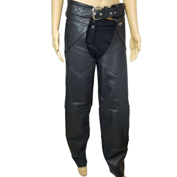 Mens Black Leather Chaps Tie Back Snap Ankle HARLEY DAVIDSON Made USA Size Small [Vintage]