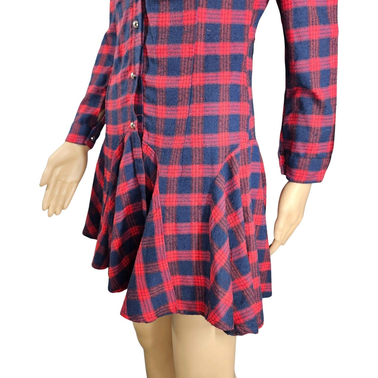 Red Blue Plaid Long Sleeve Button Up Shirt Mini Dress With Circle Skirt Size XS