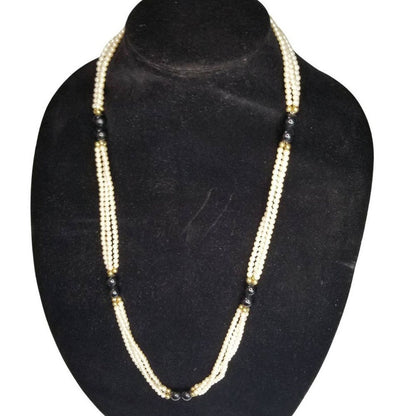 VINTAGE THREE STRAND DESIGN PEARL NECKLACE Long Black Bead Accents Gold Tone 29"