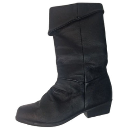 90s Vintage Black Leather Basic Editions Fold Down Mid Calf Boots Size 6