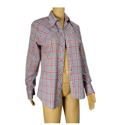 60s Blue Red Levis Western Cowgirl Button Up Shirt Pearl Snap Button Size Small [Vintage]