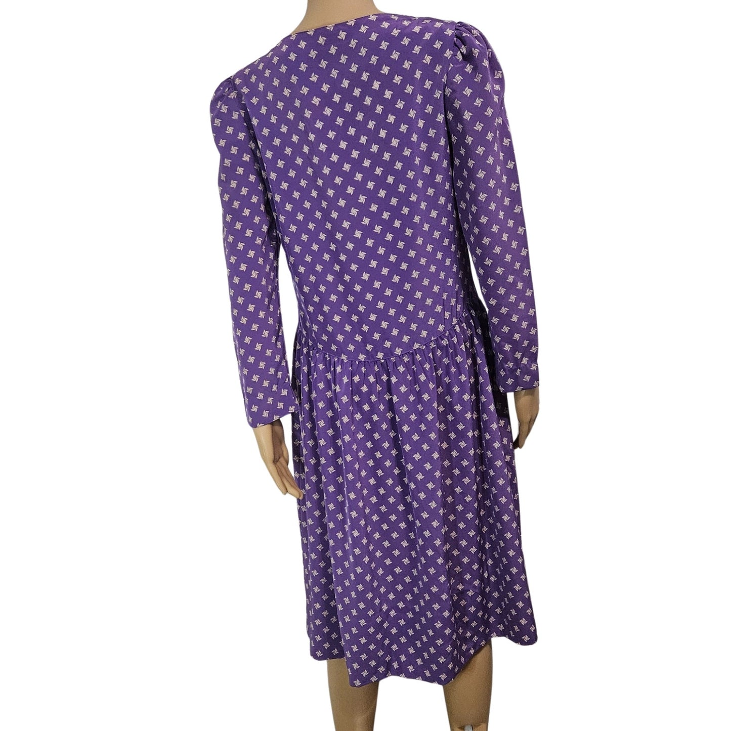 1980s 1990s Purple Puffy Long Sleeve Midi Drop Waist Dress Size 7/8 Petite [Vintage]