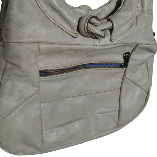 80s Cream Genuine Leather Patchwork Crescent Shoulder Bag Vintage Zipper Closure