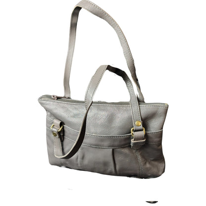 Gray Pleated Leather Vintage Shoulder Bag Two Handles Zip Top Purse 10.5" x 7.5"