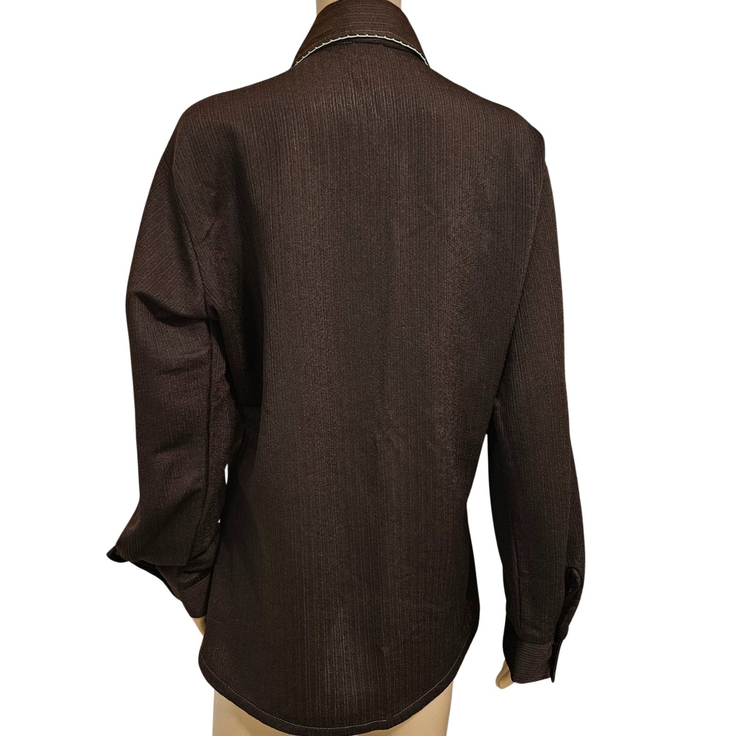 1970s Dress Shirt Brown White Embroidered Wingtip Disco Collar Long Sleeve Size 15 [Vintage]