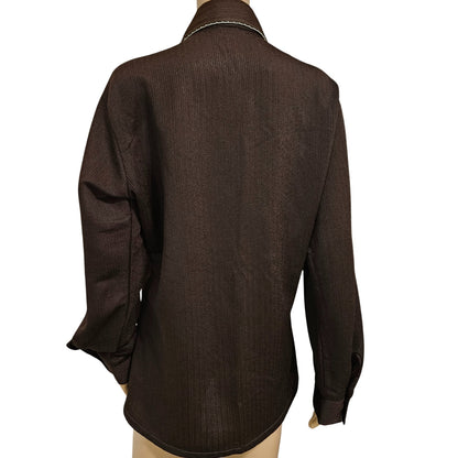 1970s Dress Shirt Brown White Embroidered Wingtip Disco Collar Long Sleeve Size 15 [Vintage]