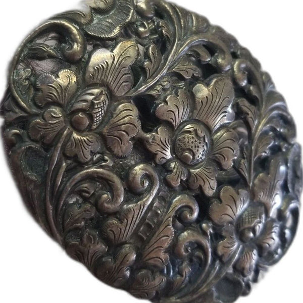 Victorian Era Gilded Signed 800 SJ Metal Floral Brooch Pin with Tube Hinge