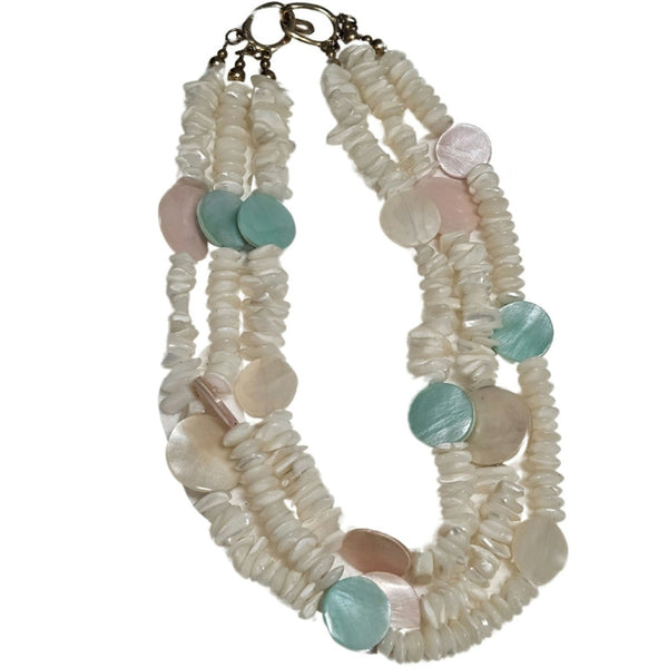 Vintage White Blue Pink Cream Triple Layered Puka Shell Mother of Pearl Necklace