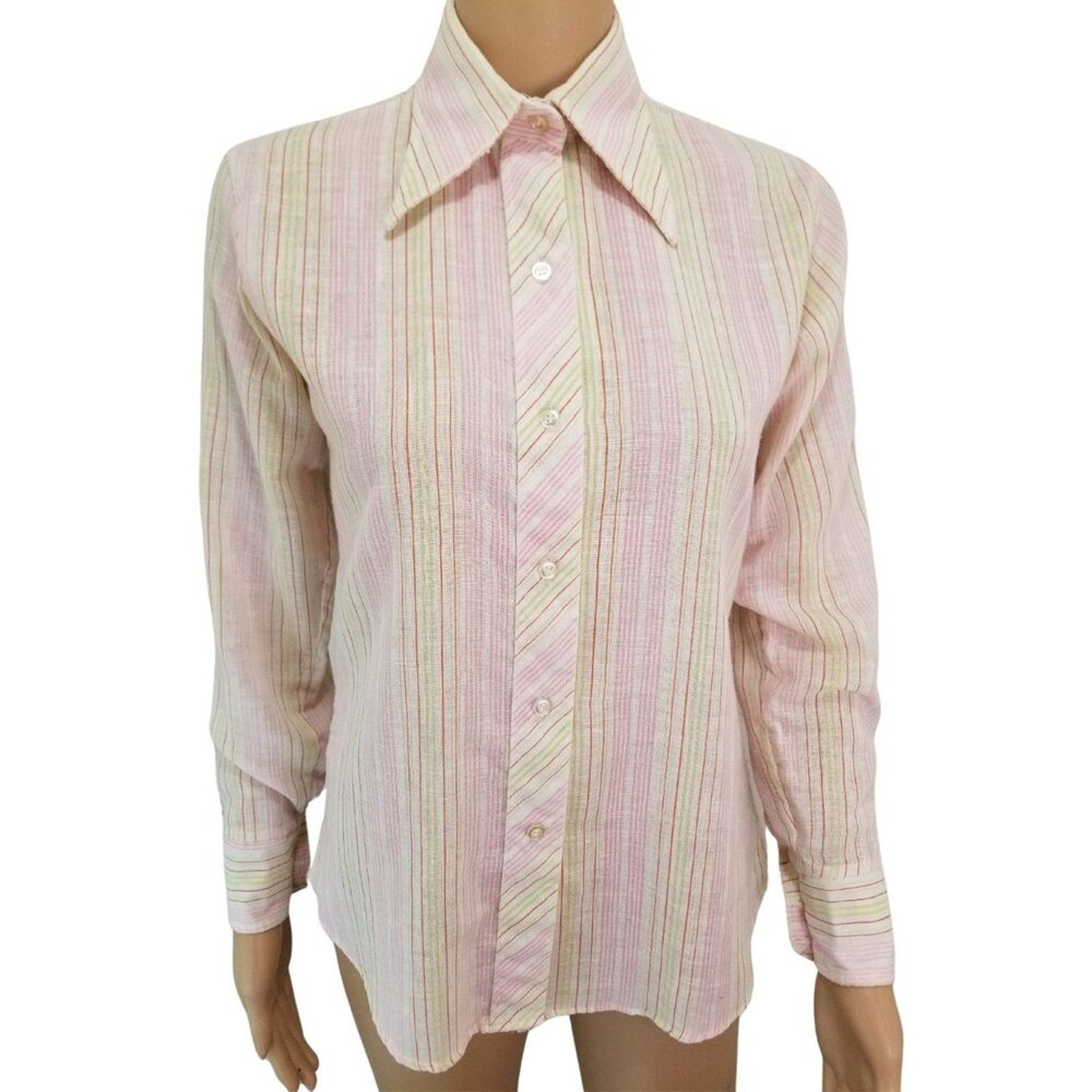 50s Vintage Wing Tip Collar Button Up Shirt Pink Cream Green Stripe Size 9/10 [Vintage]
