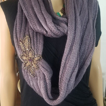 Thick Soft Knit Floral Motif Beaded Flower Applique on Purple Knit Circle Scarf
