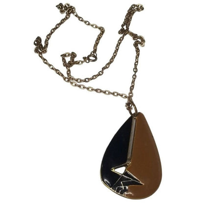 80s Vintage Art Deco Cut Out Tear Drop Shaped Brown Black Pendant Chain Necklace