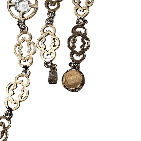 70s Cross Pendant Faceted Stone Metal Framework Ornate Interconnected Chain link