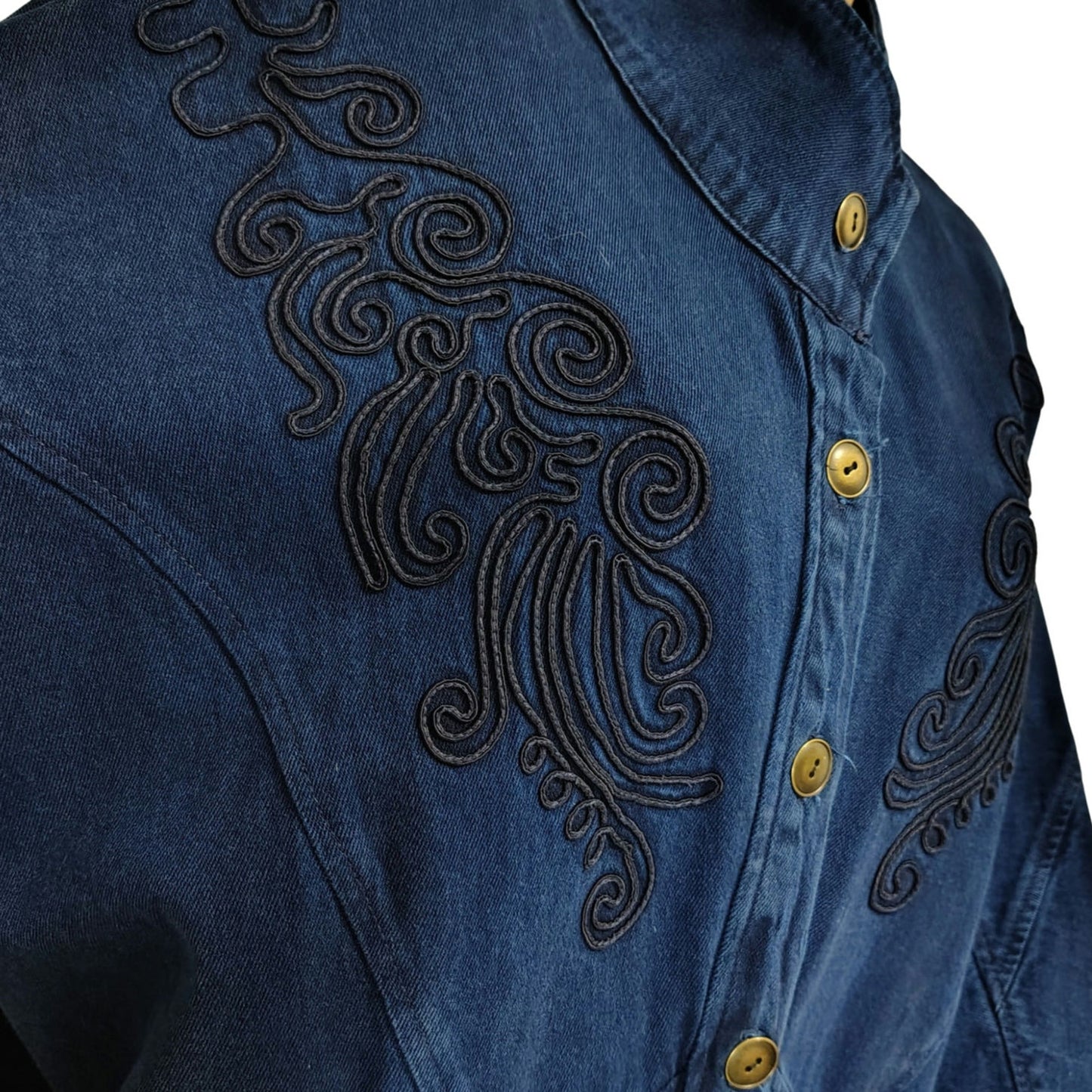 1990s Pado California Indigo Blue Denim Jean Jacket Dolman Sleeves Embroidered [Vintage]