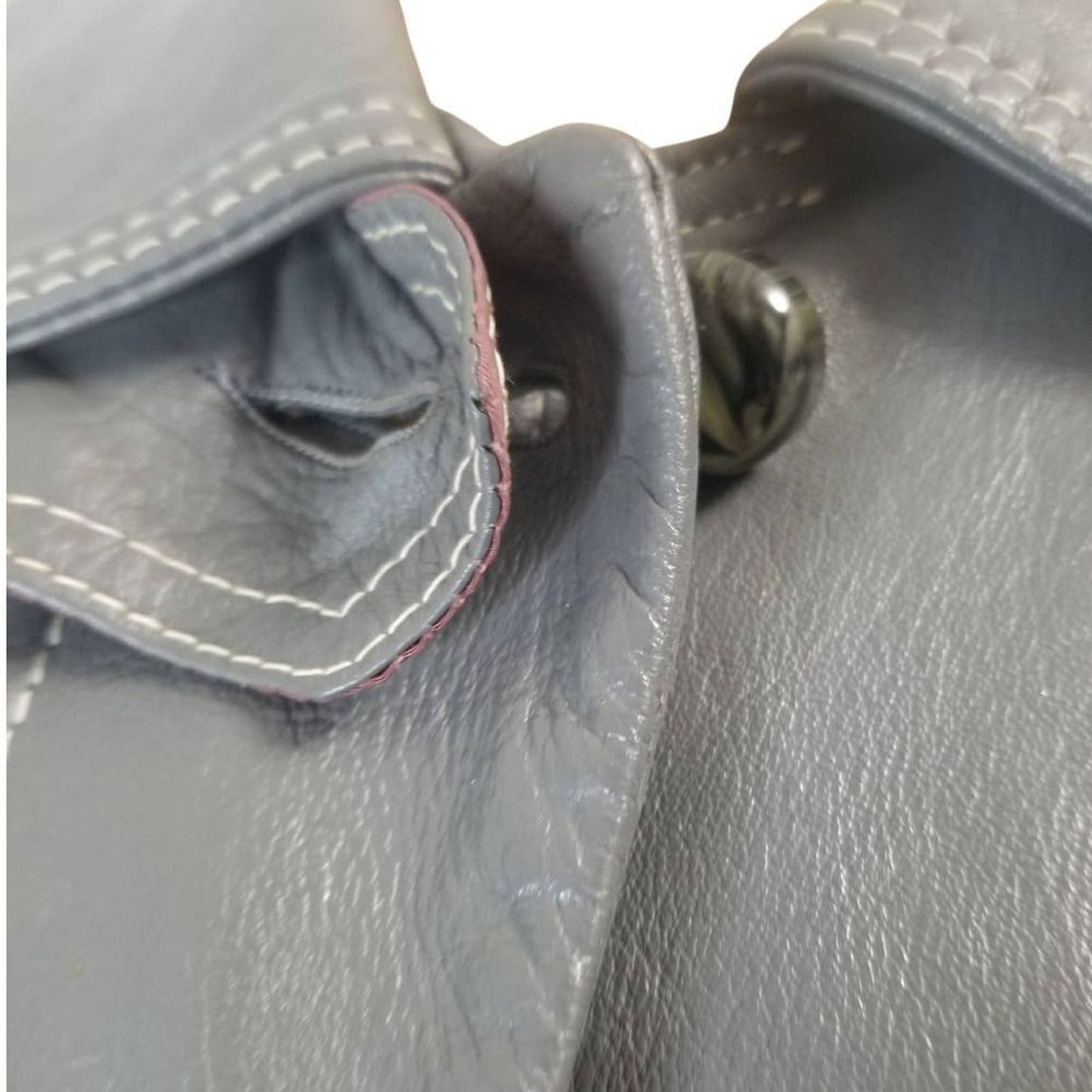 1970s Gray Belted Long Leather Trench Coat Collar Big Pockets Size Med Vintage