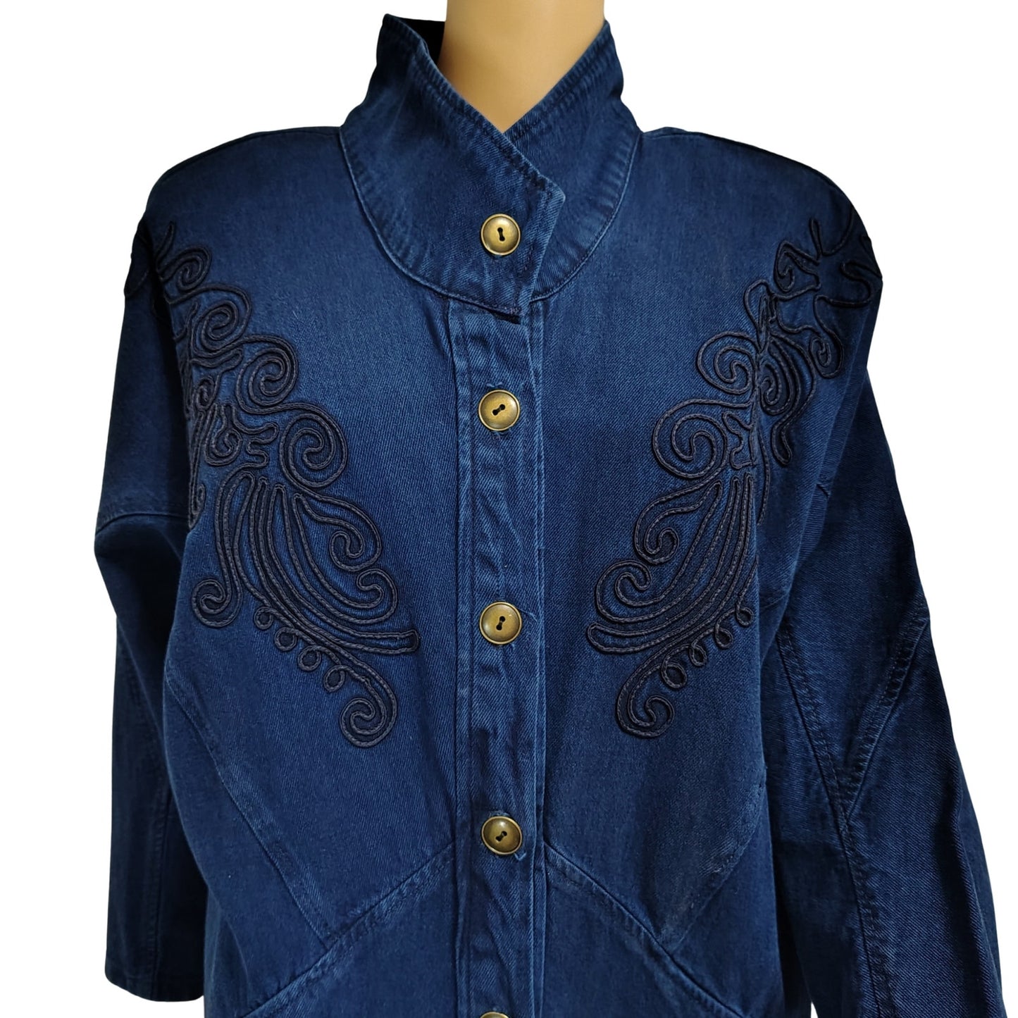 1990s Pado California Indigo Blue Denim Jean Jacket Dolman Sleeves Embroidered [Vintage]
