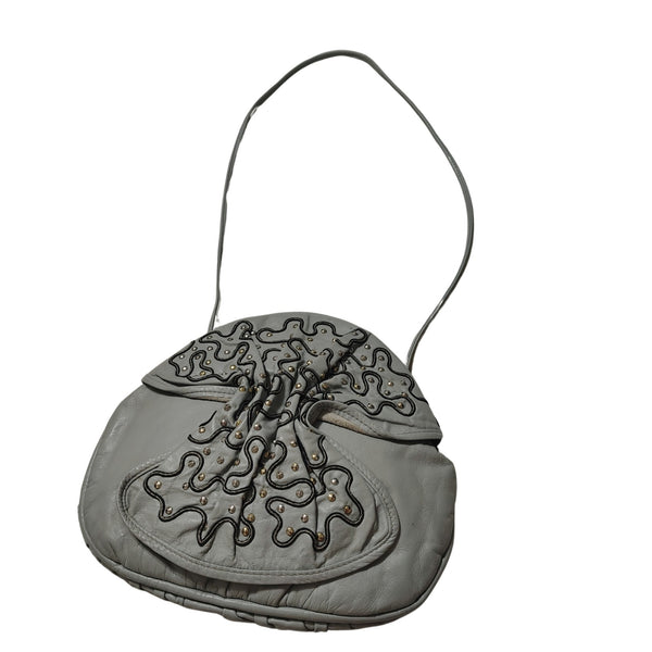 80s Gray Leather Ruched Round 2-IN-1 Crossbody Maxi Clutch Handbag Silver Studs