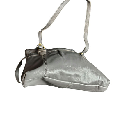 Gray Pleated Leather Vintage Shoulder Bag Two Handles Zip Top Purse 10.5" x 7.5"
