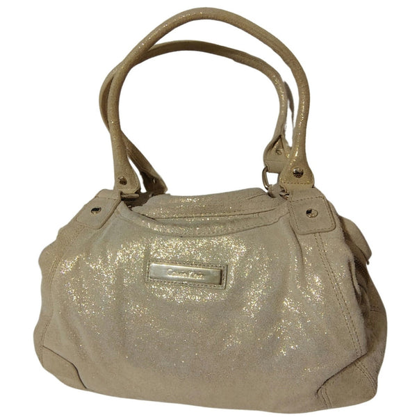 Cream Suede Gold Metallic Calvin Klein Shoulder Bag Double Handle 3 Compartments