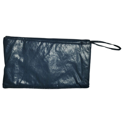 70s Maxi Clutch Blue Faux Leather Vegan Crinkle Leather Wristlet Two Compartment